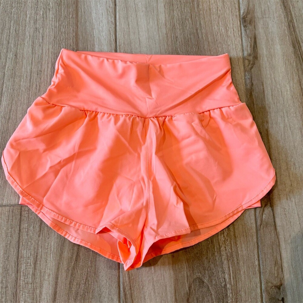 SHEIN Running Shorts Womens Size S Neon Coral High Waist Built-In Liner